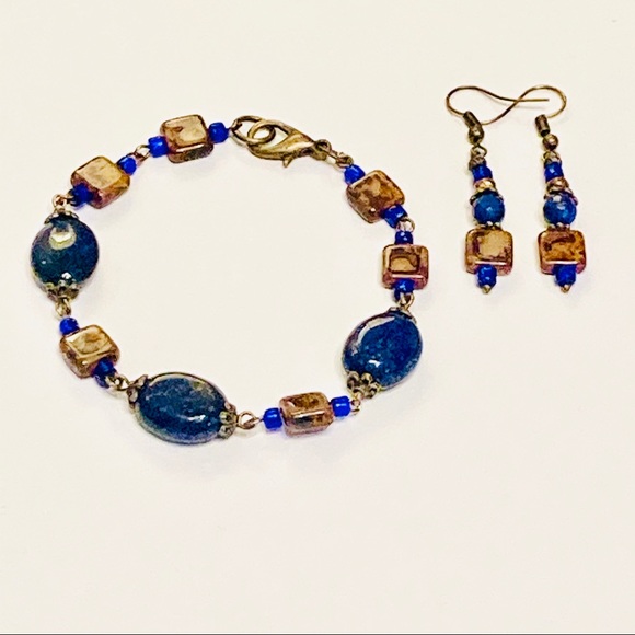 JK Designs Jewelry - Lapis Lazuli & Brown Czech Glass Bracelet Set